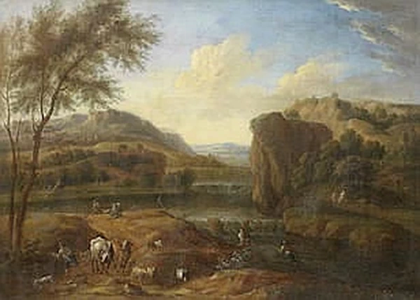 Johann Christian Vollerdt - Mandriani con i loro greggi davanti a un vasto paesaggio fluviale
